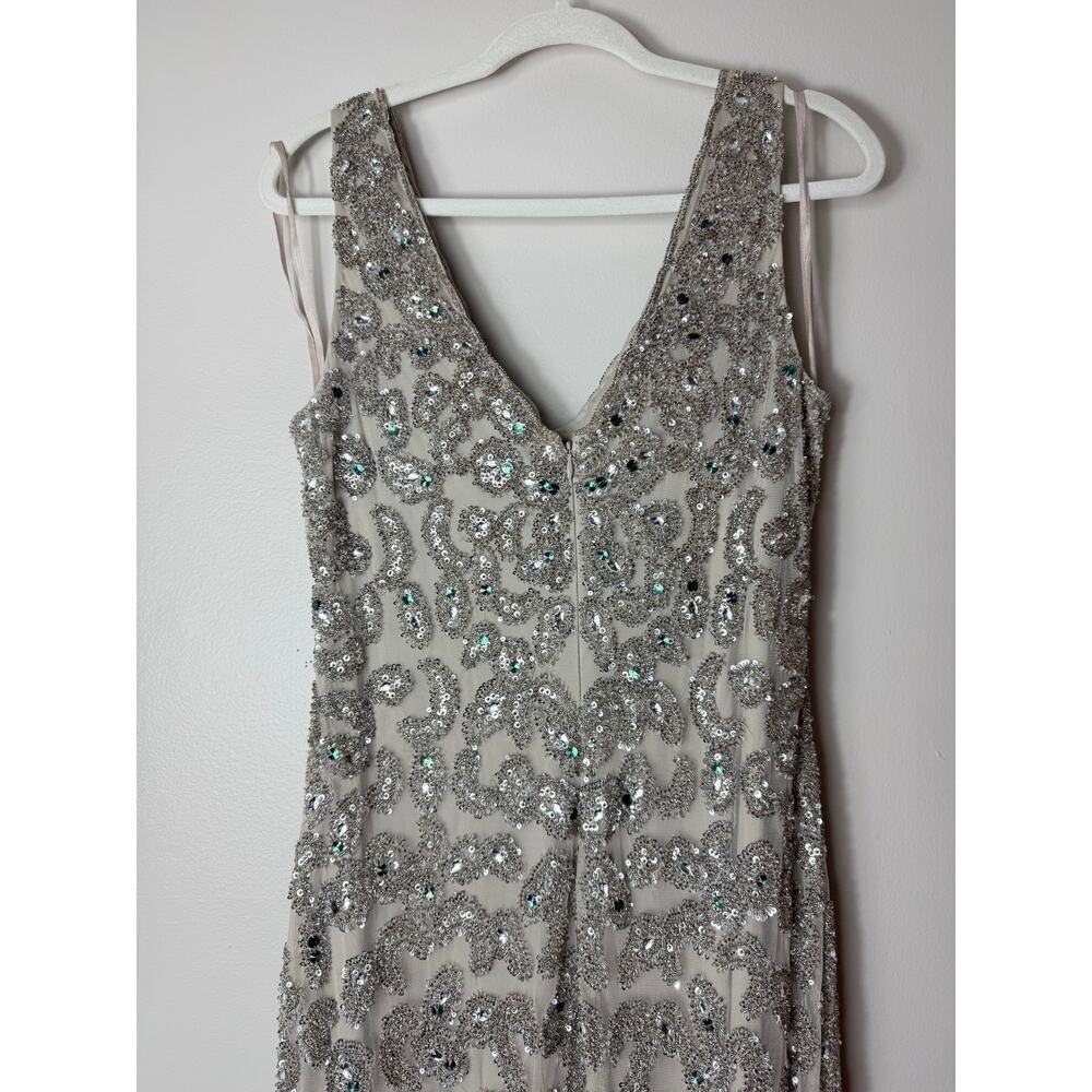 AIDAN MATTOX DRESS GOWN SILVER GREEN SEQUINS WEDDING GUEST DRESS EVENING FORMAL - Picture 10 of 12